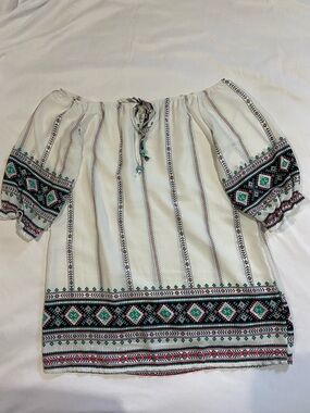 Cherokee Ivory Off-Shoulder Embroidered Peasant Blouse with Green Accents